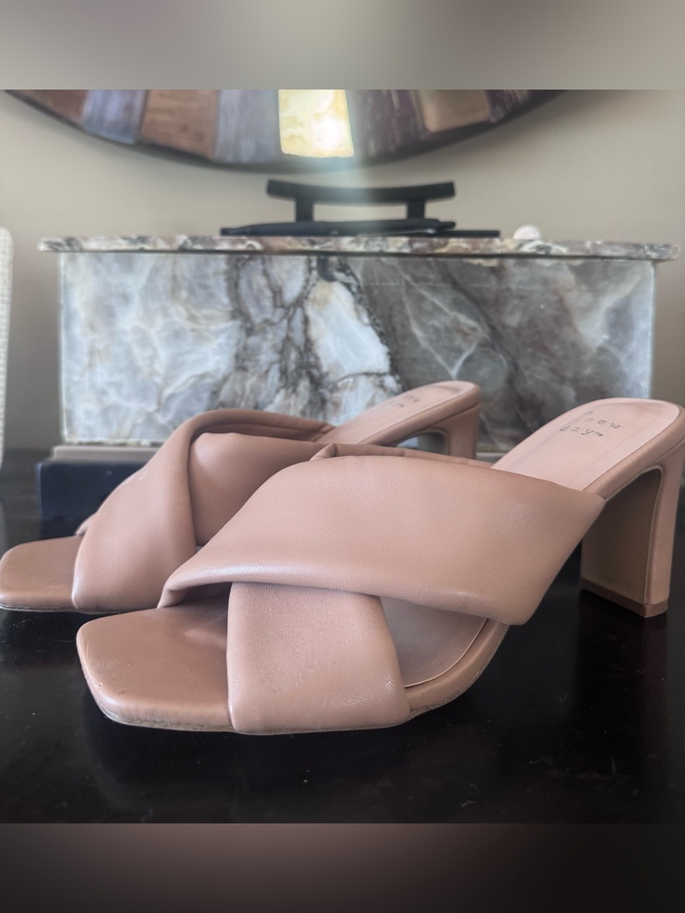 A New Day Clementine Padded Crossband Mule Heels in Tan